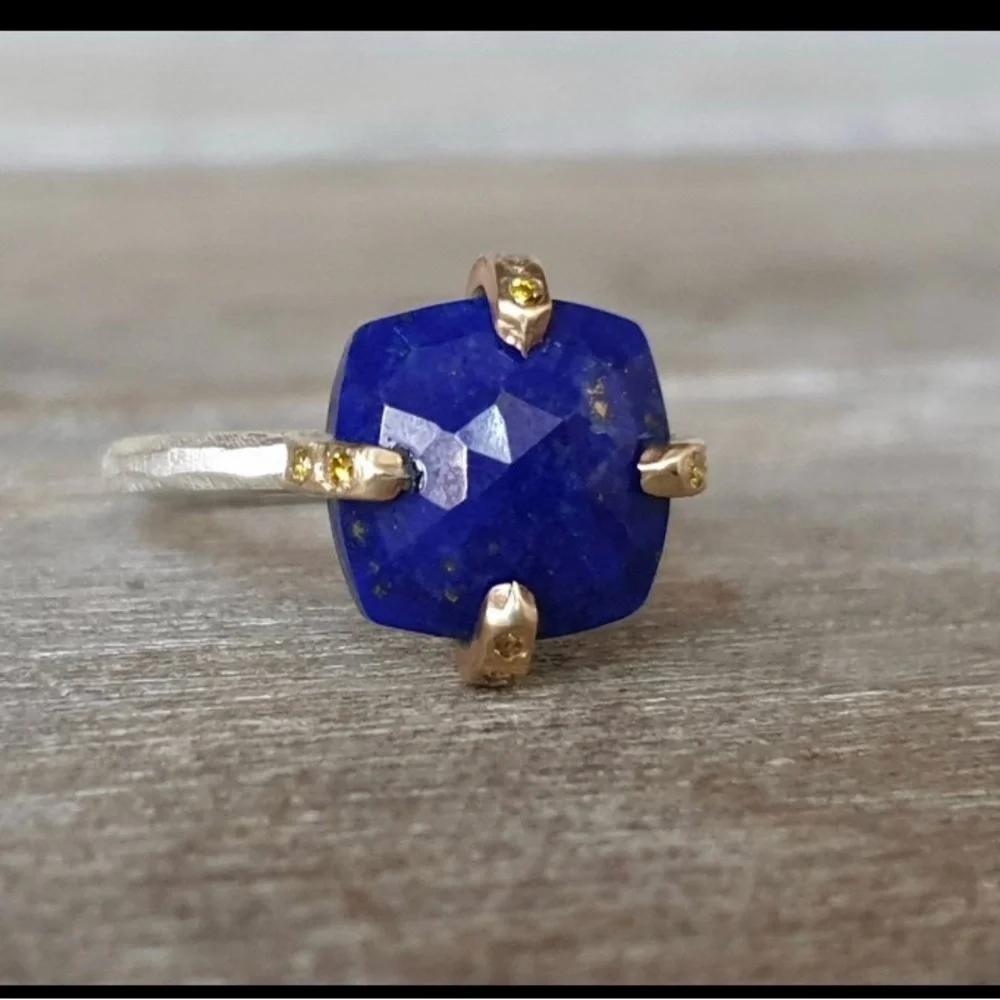 Designer lapis ring 14k prongs with cognac diamonds - Picture 1 of 6